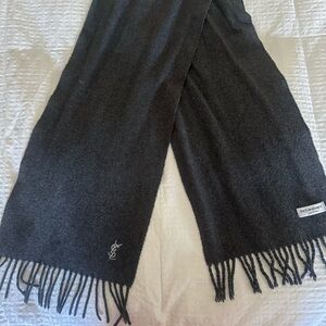 Yves Saint Laurent Charcoal Gray Wool Fringe Scarf with YSL Emblem